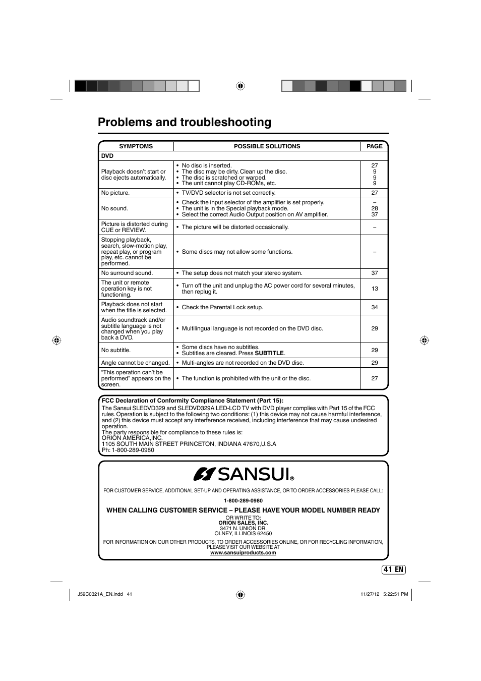 Problems and troubleshooting, 41 en | Sansui SLEDVD329 User Manual | Page 41 / 43