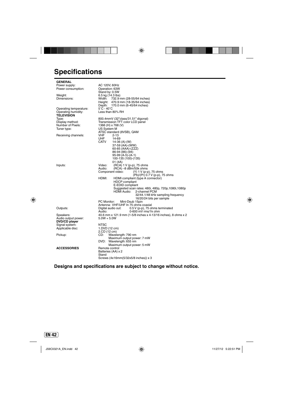 Specifications, En 42 | Sansui SLEDVD329 User Manual | Page 42 / 43