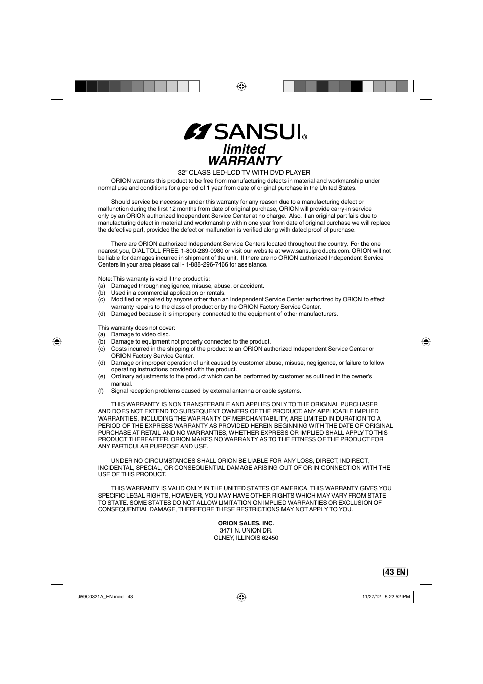 Limited warranty, 43 en | Sansui SLEDVD329 User Manual | Page 43 / 43