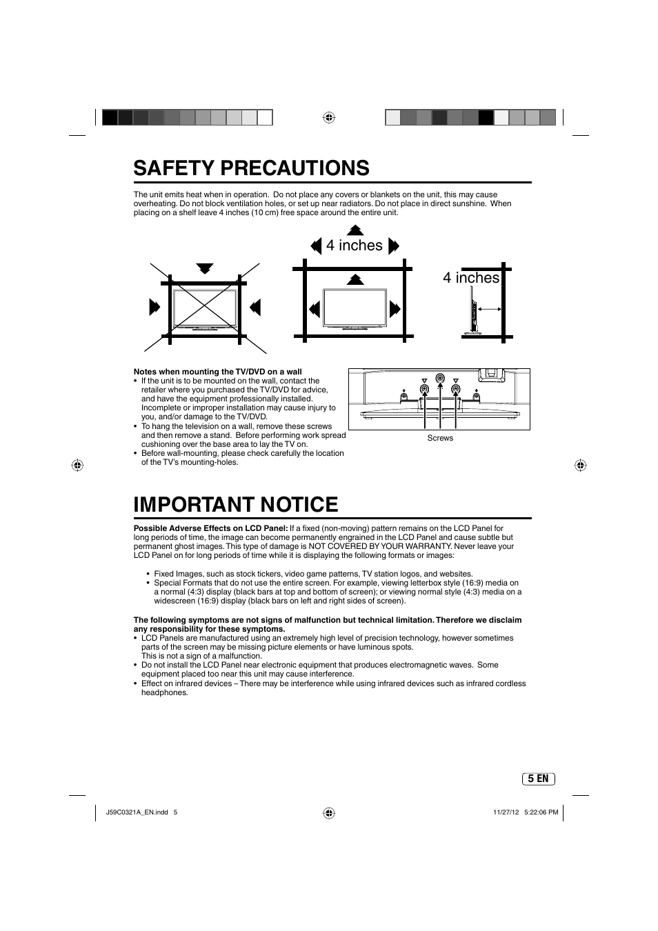 Safety precautions, Important notice, 4 inches | Sansui SLEDVD329 User Manual | Page 5 / 43