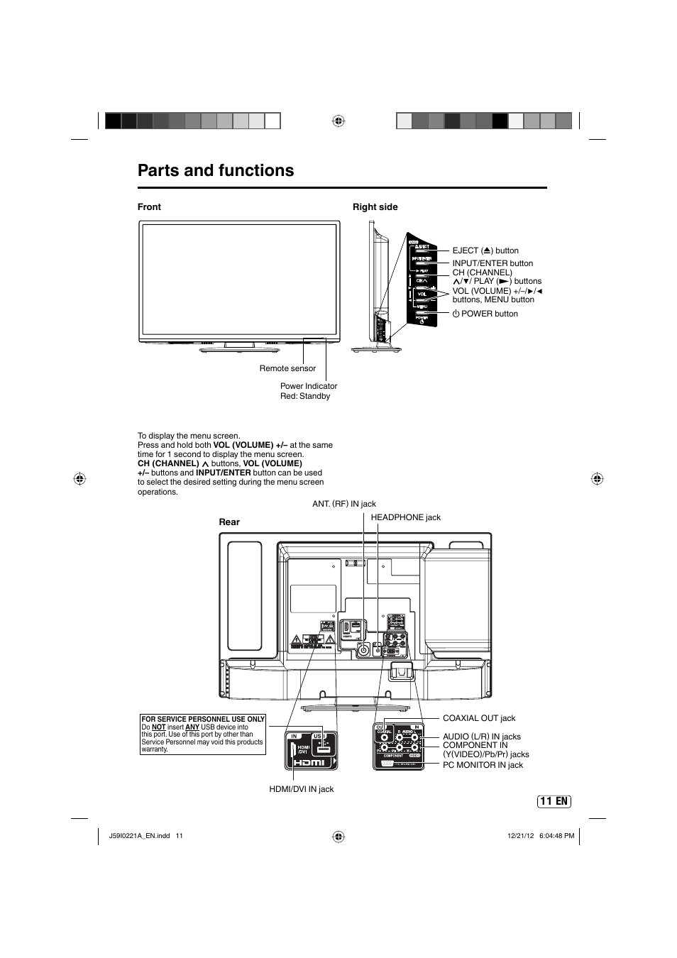 Parts and functions, 11 en | Sansui SLEDVD249 User Manual | Page 11 / 39