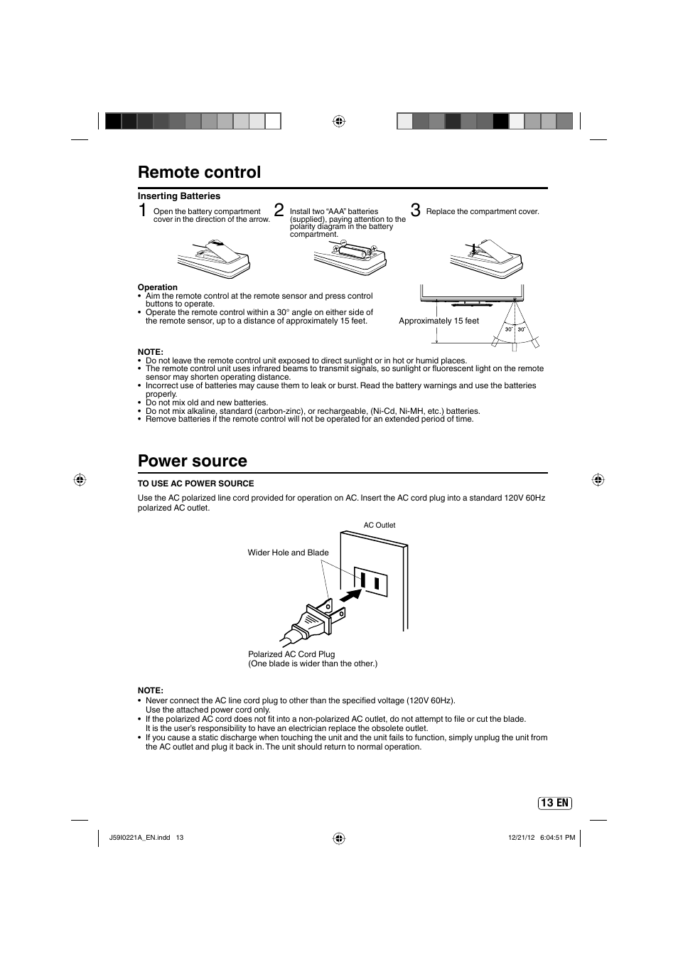 Remote control, Power source | Sansui SLEDVD249 User Manual | Page 13 / 39