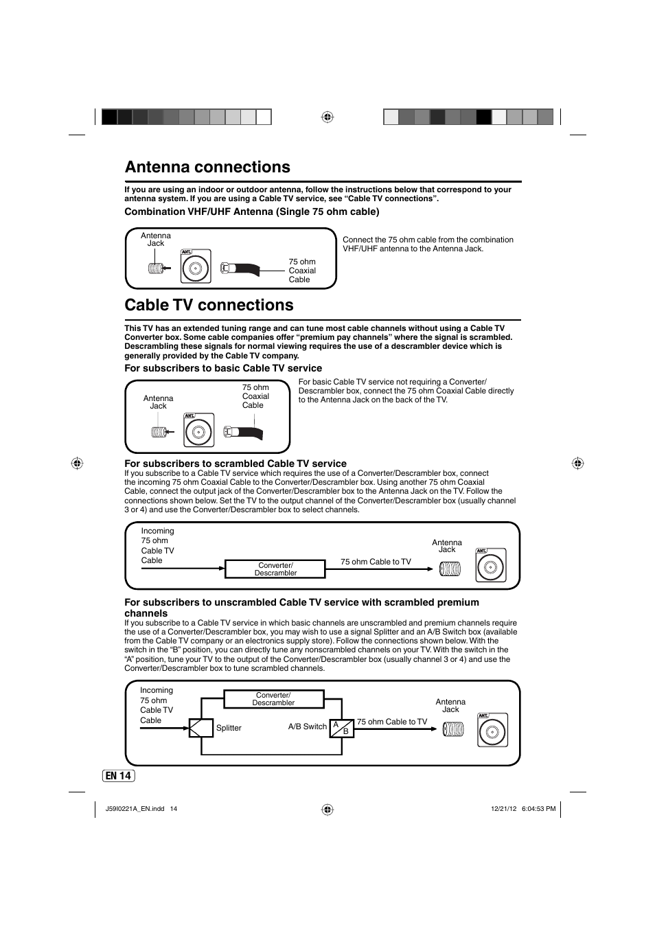 Antenna connections, Cable tv connections, En 14 | Sansui SLEDVD249 User Manual | Page 14 / 39