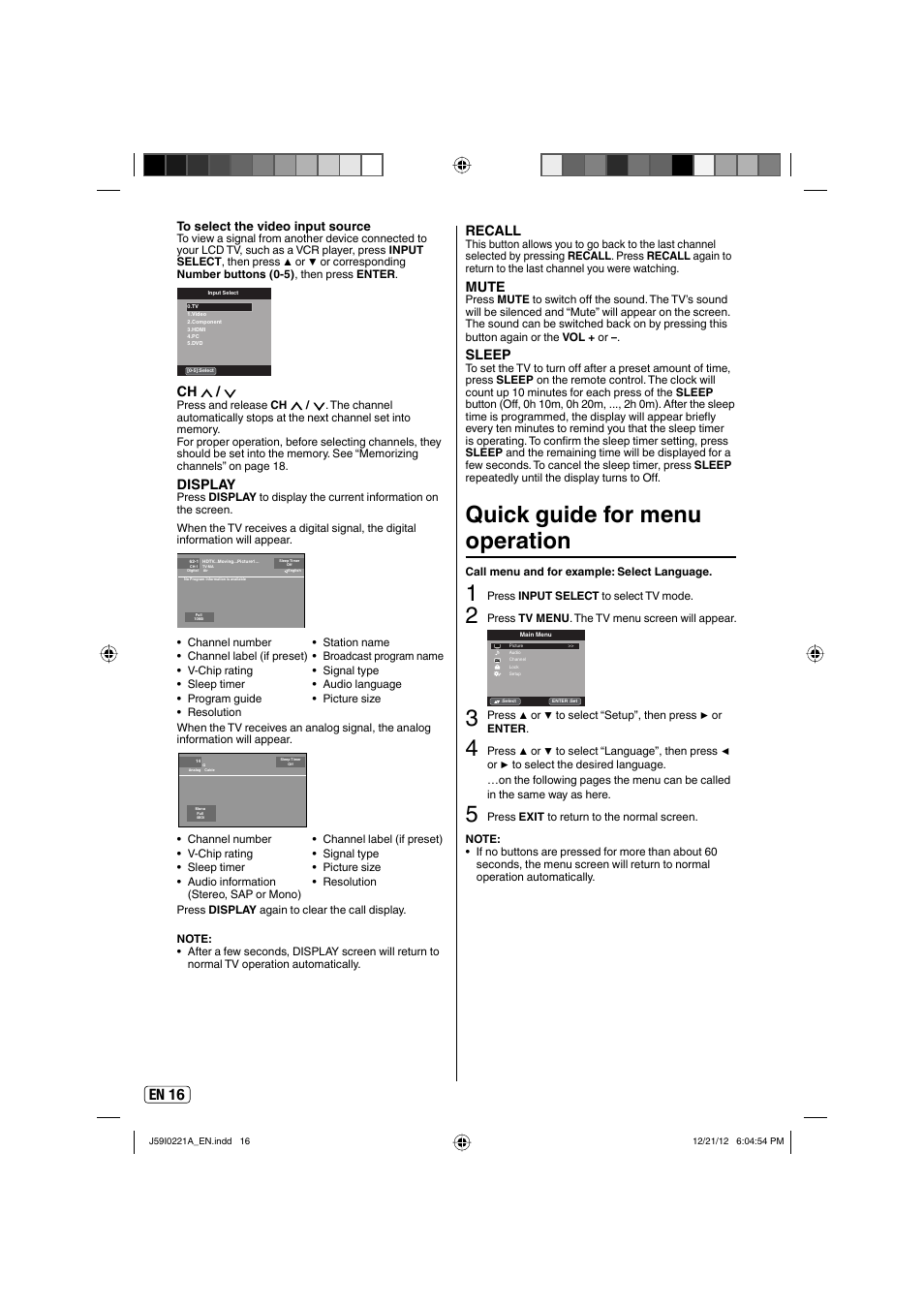 Quick guide for menu operation, En 16, Display | Recall, Mute, Sleep | Sansui SLEDVD249 User Manual | Page 16 / 39