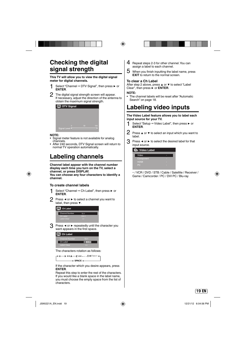 Checking the digital signal strength, Labeling channels, Labeling video inputs | 19 en | Sansui SLEDVD249 User Manual | Page 19 / 39