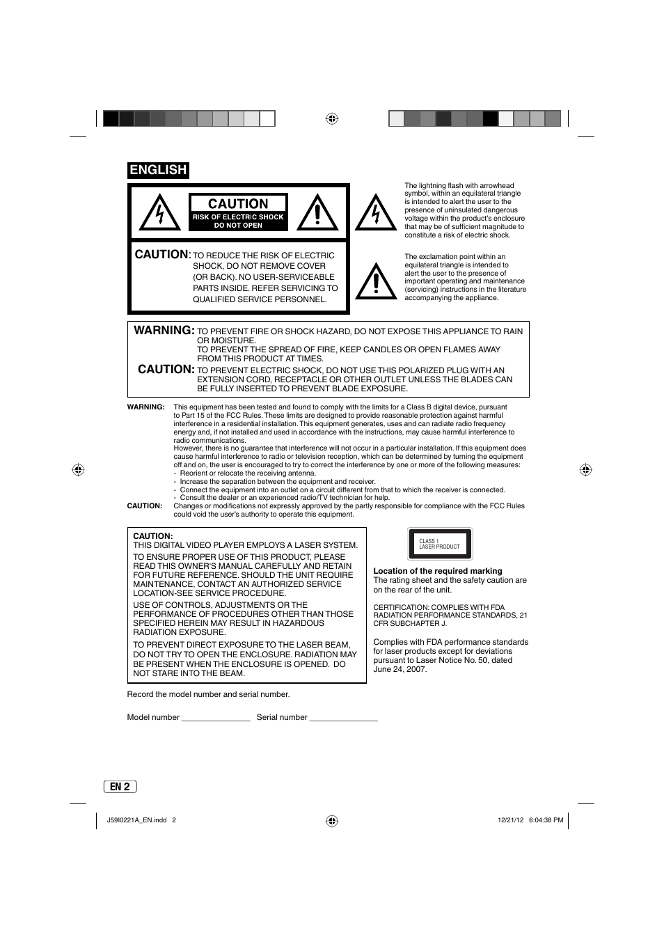 English, Caution, Warning | En 2 | Sansui SLEDVD249 User Manual | Page 2 / 39