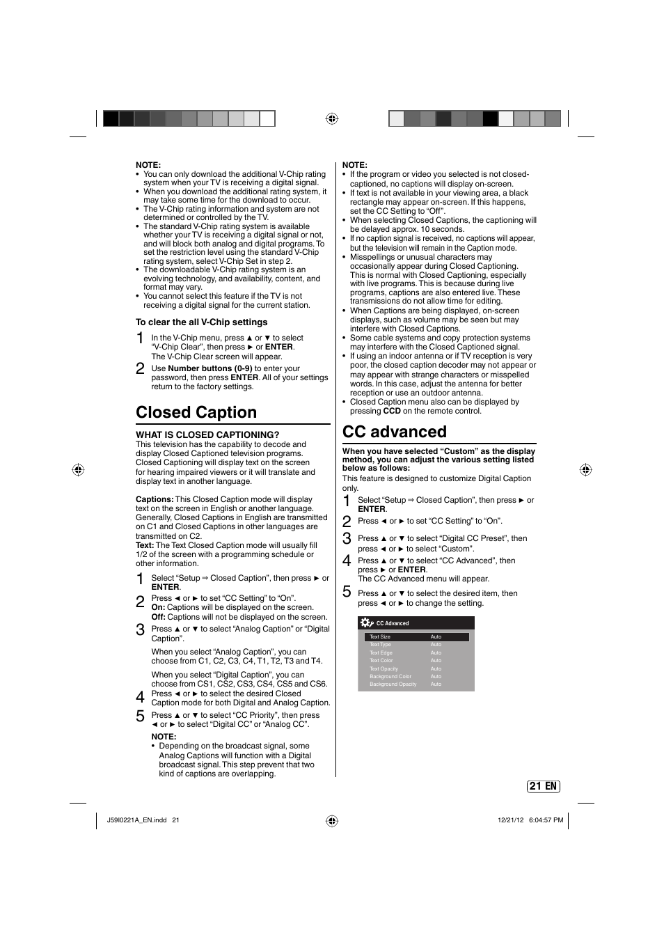 Closed caption, Cc advanced | Sansui SLEDVD249 User Manual | Page 21 / 39