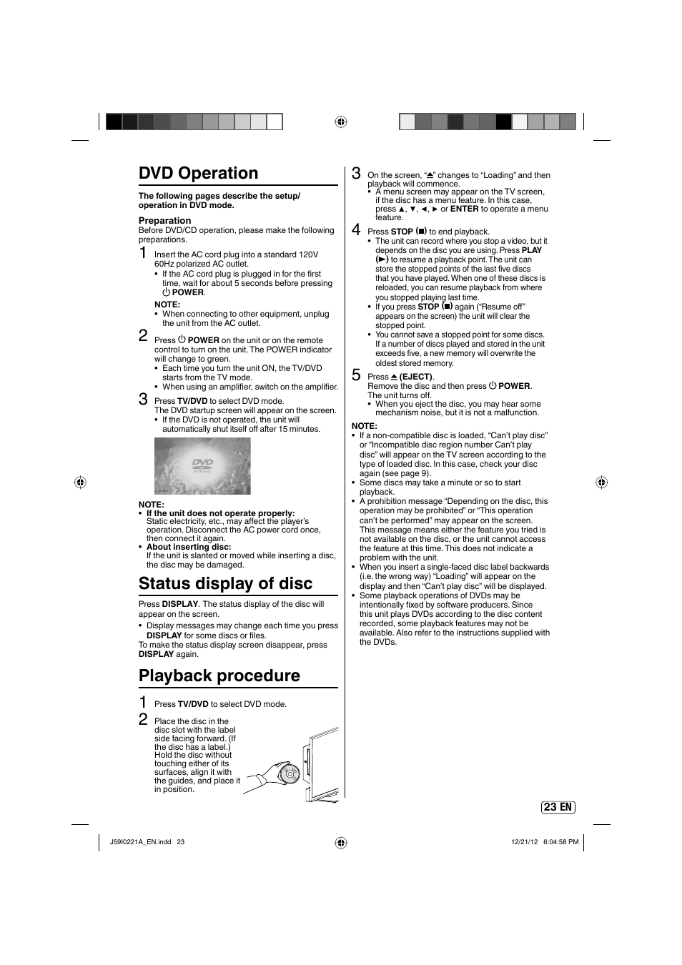 Dvd operation, Status display of disc, Playback procedure 1 | Sansui SLEDVD249 User Manual | Page 23 / 39