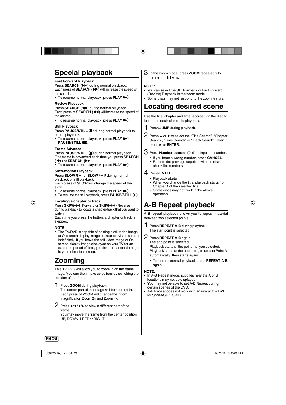 Special playback, Zooming, Locating desired scene | A-b repeat playback | Sansui SLEDVD249 User Manual | Page 24 / 39