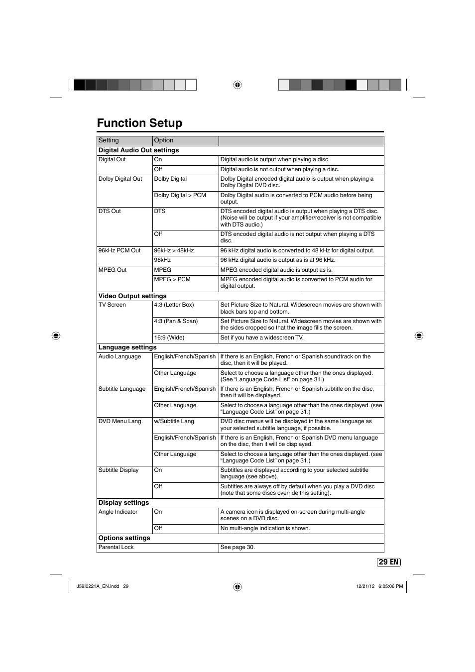 Function setup, 29 en | Sansui SLEDVD249 User Manual | Page 29 / 39