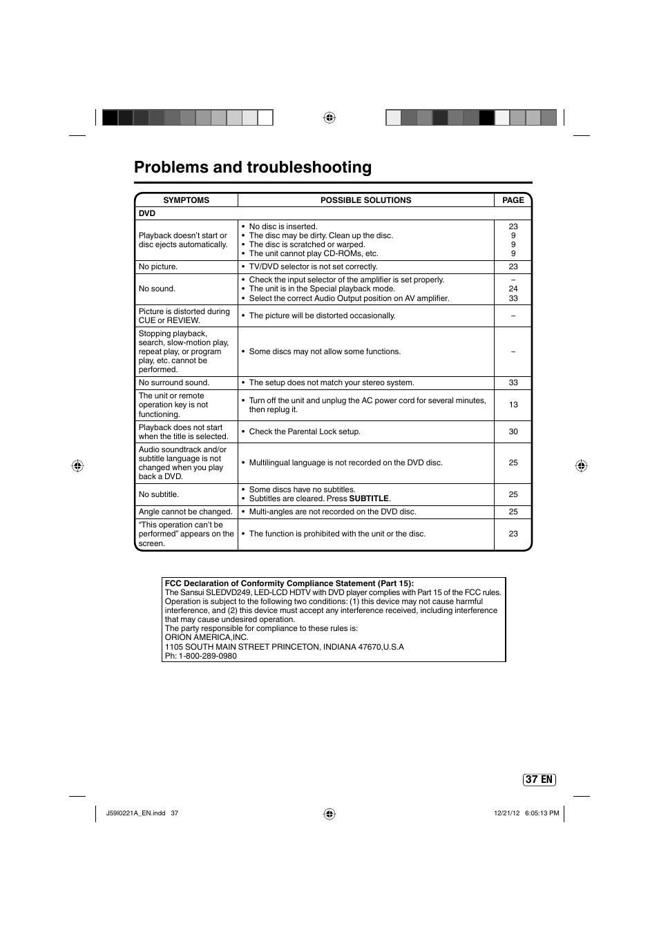 Problems and troubleshooting, 37 en | Sansui SLEDVD249 User Manual | Page 37 / 39
