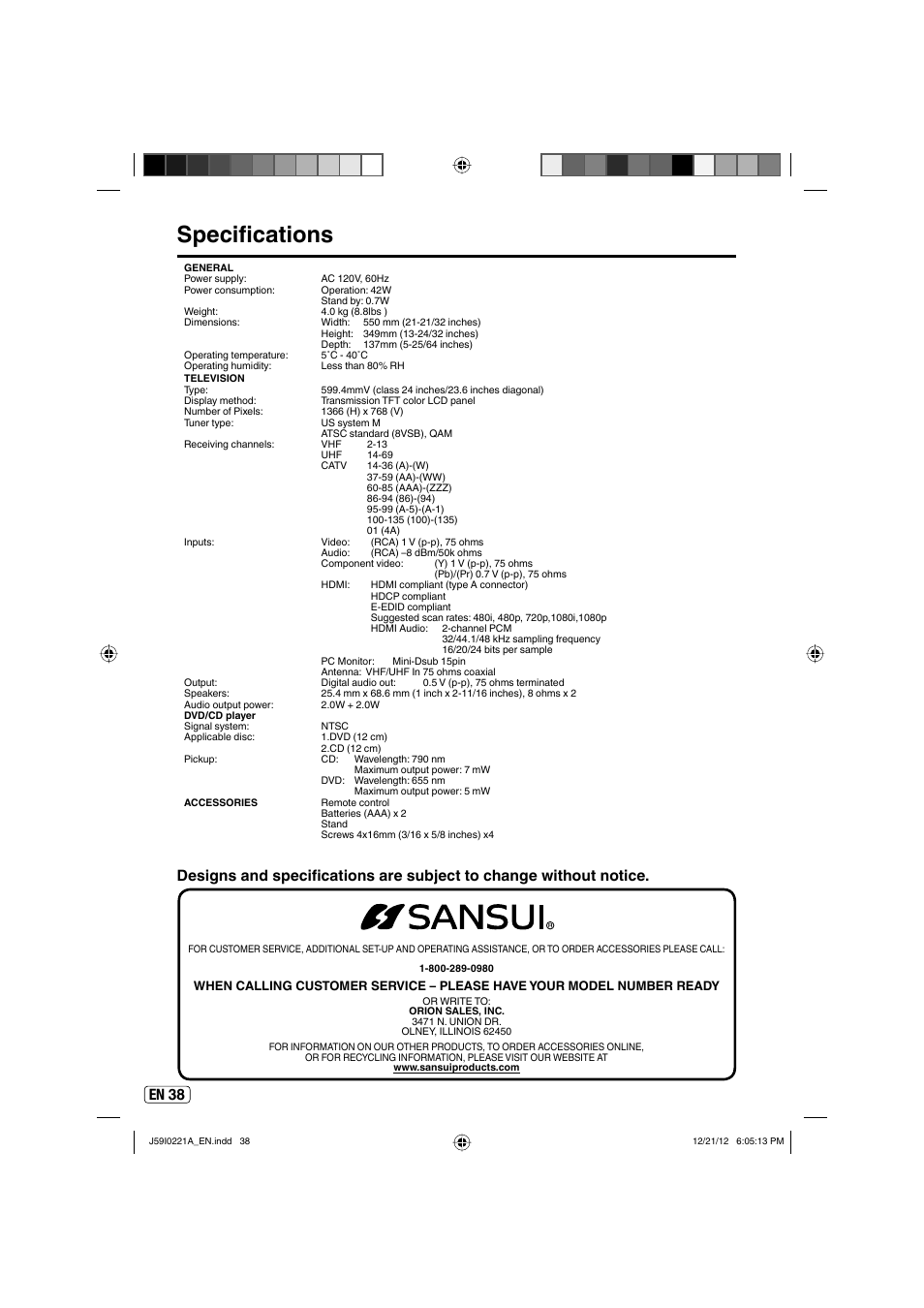 Specifications, En 38 | Sansui SLEDVD249 User Manual | Page 38 / 39