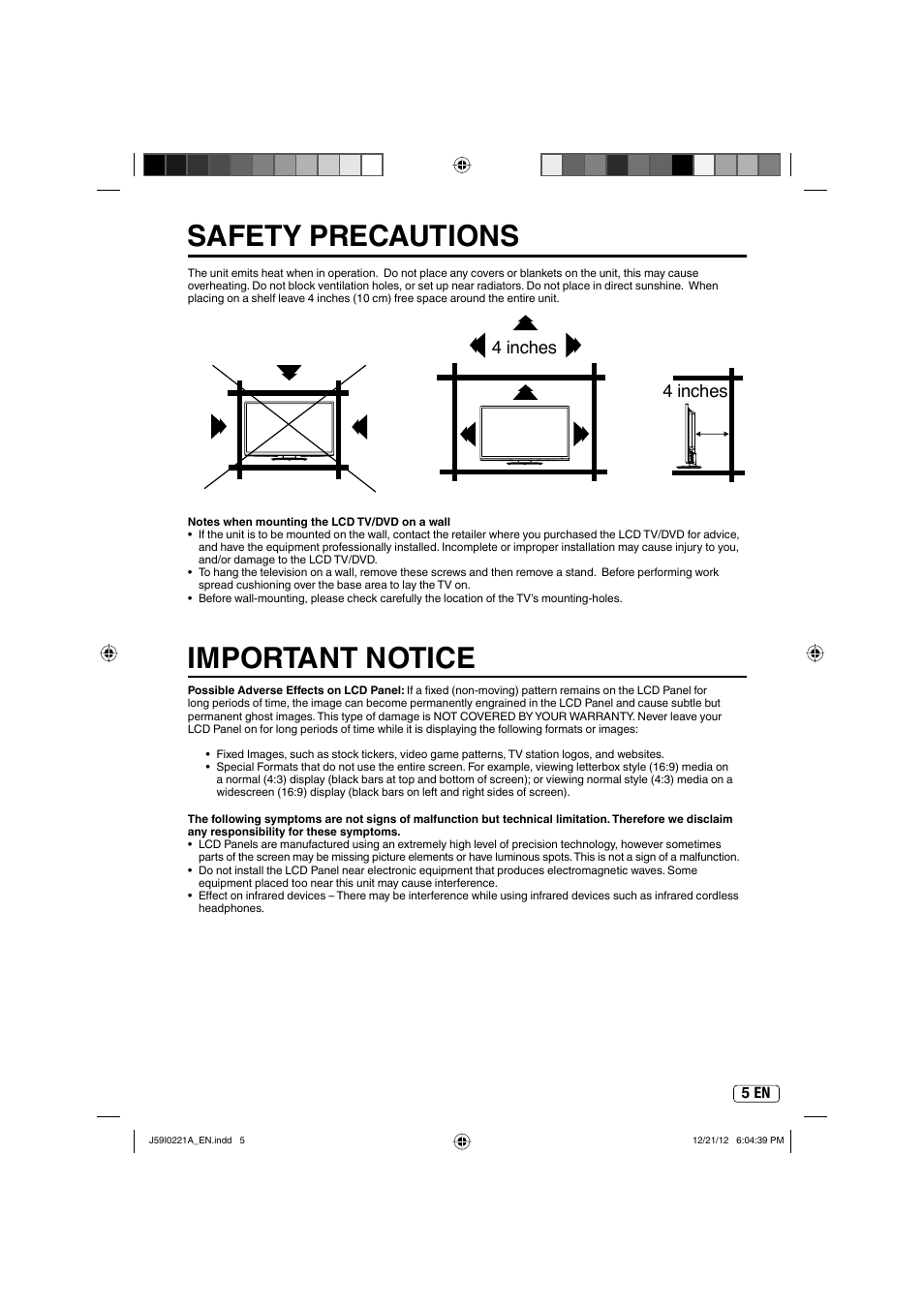 Important notice, Safety precautions, 4 inches | Sansui SLEDVD249 User Manual | Page 5 / 39
