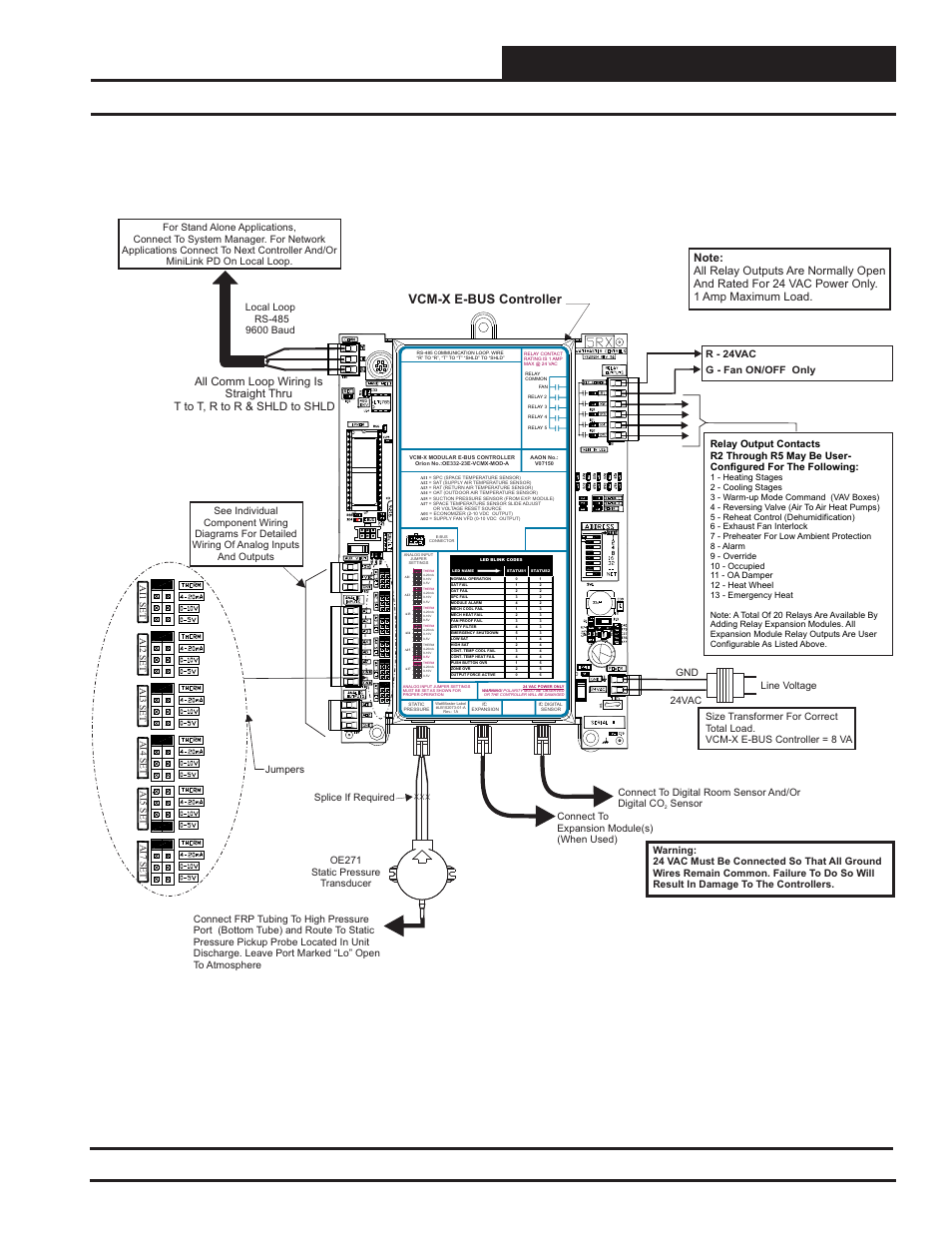Installation & wiring, Vcm-x e-bus controller wiring, Vcm-x modular e-bus controller technical guide | Vcm-x e-bus controller, All comm loop wiring is straight thru, T to t, r to r & shld to shld, Line voltage, Jumpers | Orion System VCM-X Modular E-BUS User Manual | Page 11 / 88