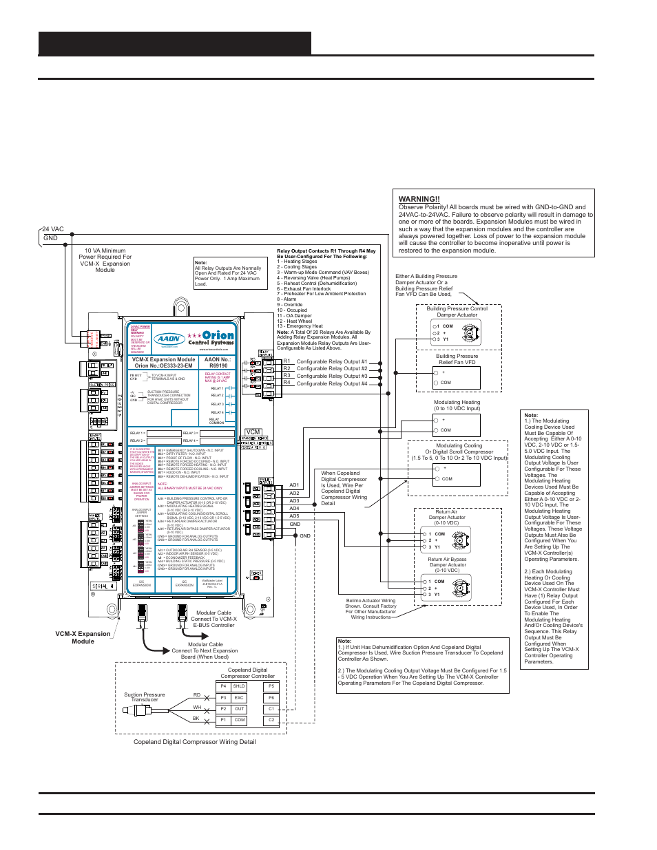 Installation & wiring, Vcm-x expansion module output wiring, Vcm-x modular e-bus controller technical guide 20 | Zone, Warning, 24 vac gnd, Copeland digital compressor wiring detail, Vcm-x expansion module | Orion System VCM-X Modular E-BUS User Manual | Page 20 / 88