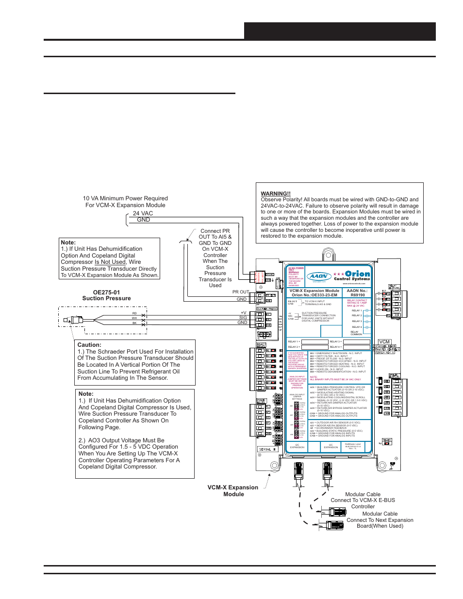 Installation & wiring, Suction pressure transducer wiring, Vcm-x modular e-bus controller technical guide | Vcm-x expansion module, Directly to vcm-x expansion module as shown | Orion System VCM-X Modular E-BUS User Manual | Page 21 / 88