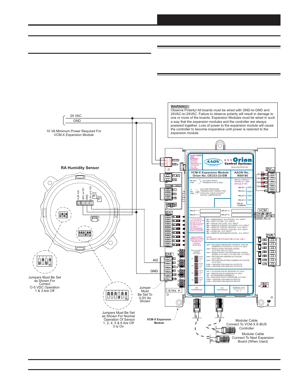 Installation & wiring, Return air mounted humidity sensor, Vcm-x modular e-bus controller technical guide | 27 return air mounted humidity sensor, Ra humidity sensor, Jumper must be set to 0-5v as shown | Orion System VCM-X Modular E-BUS User Manual | Page 27 / 88