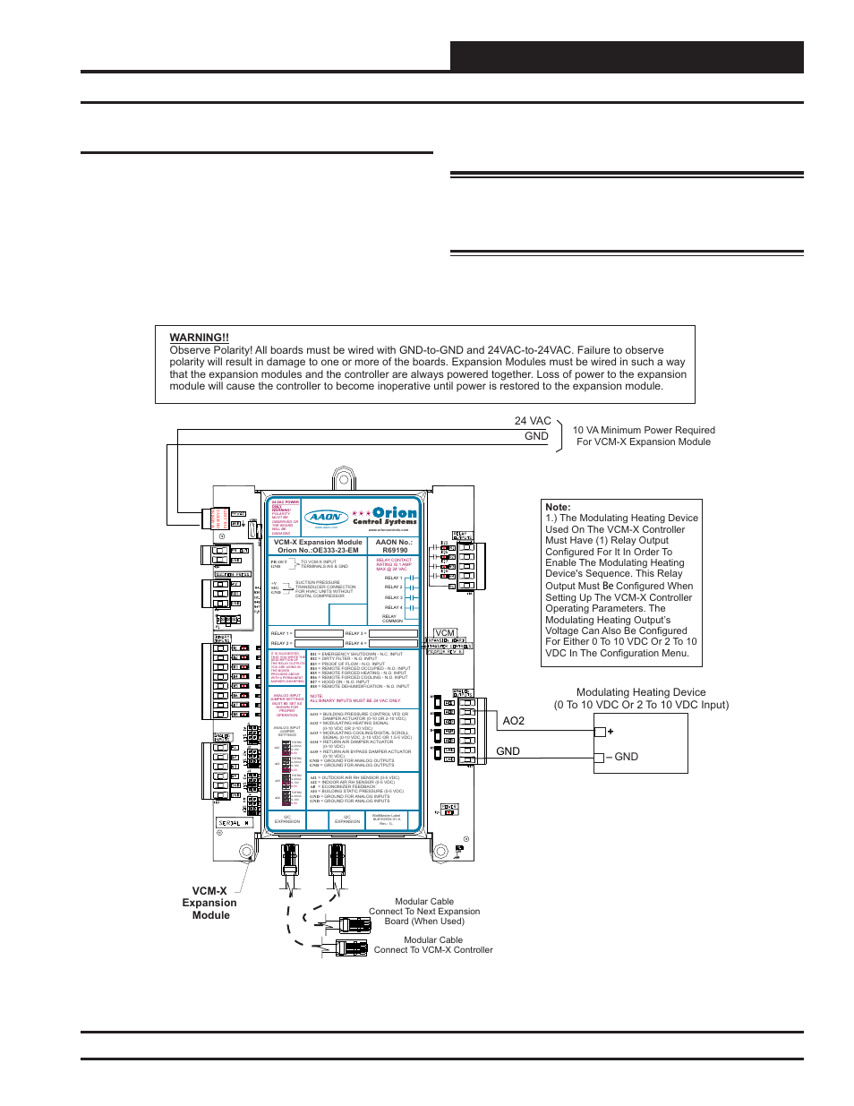 Installation & wiring, Modulating heating device wiring, Vcm-x modular e-bus controller technical guide | 31 modulating heating device, Figure 28: modulating heating device wiring, Ao2 gnd, 24 vac gnd, Vcm-x expansion module | Orion System VCM-X Modular E-BUS User Manual | Page 31 / 88