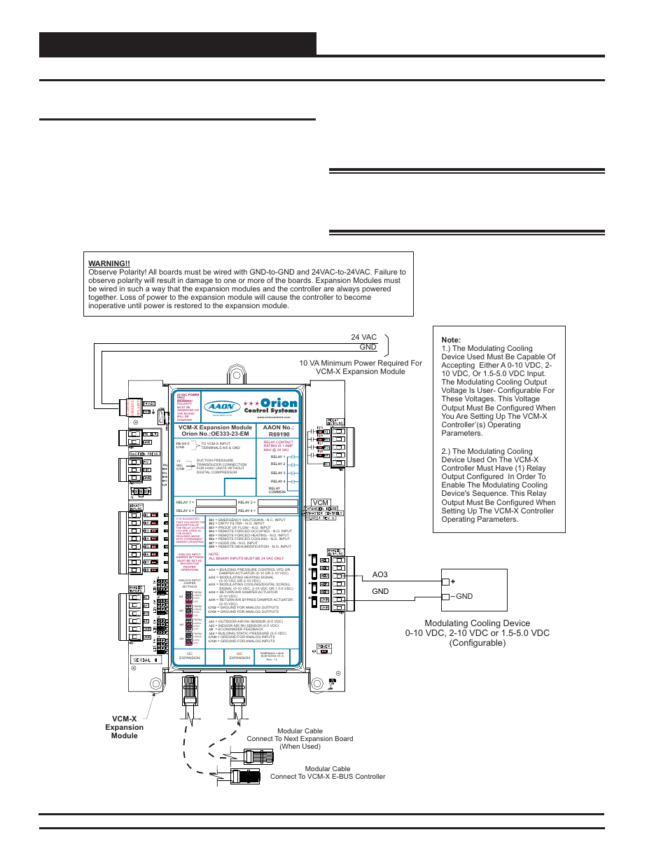 Installation & wiring, Modulating cooling device wiring, Zone | Figure 29: modulating cooling device wiring, Ao3 gnd | Orion System VCM-X Modular E-BUS User Manual | Page 32 / 88
