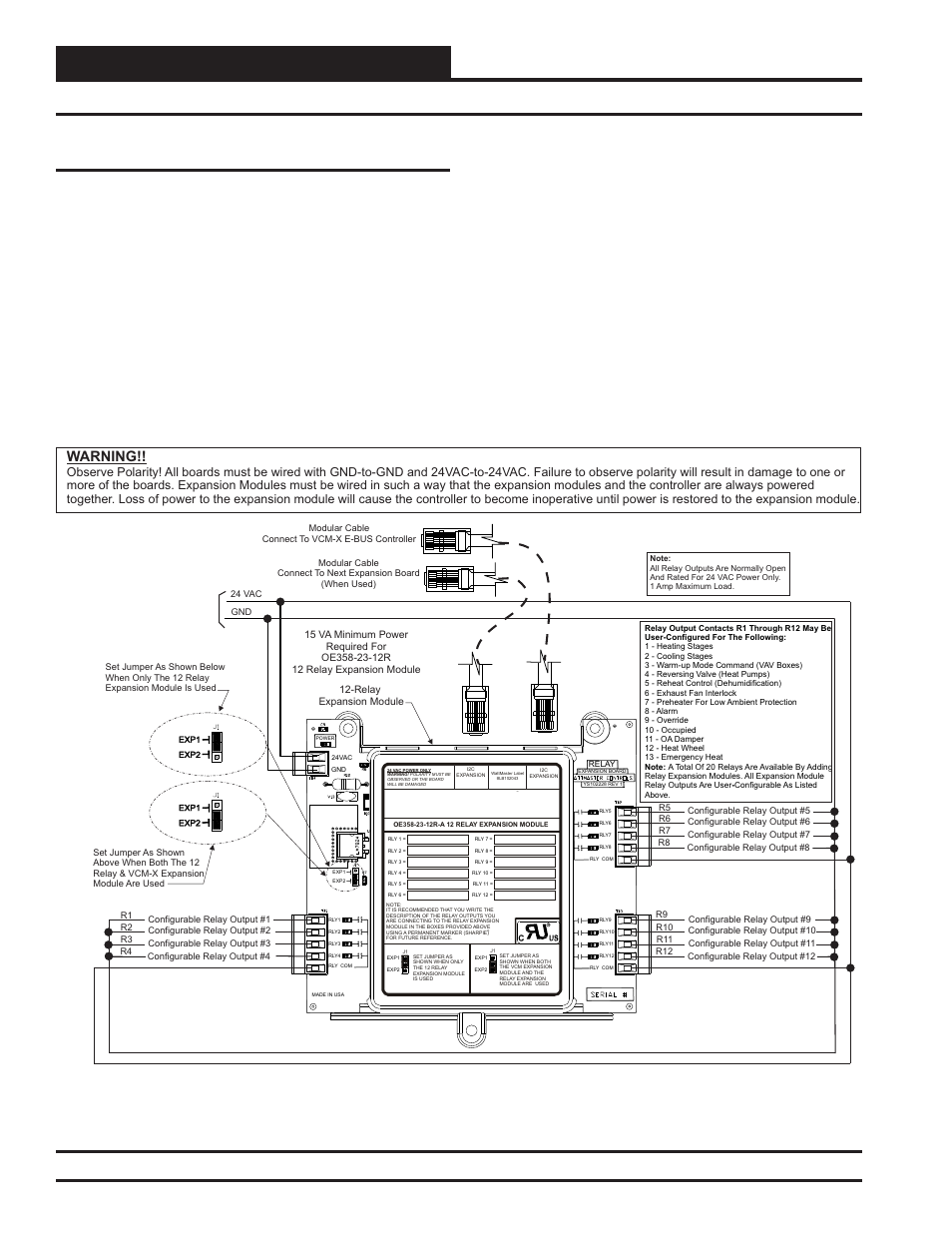 Installation & wiring, Relay expansion module wiring and jumper settings, Vcm-x modular e-bus controller technical guide 34 | Relay expansion module, Zone, Warning | Orion System VCM-X Modular E-BUS User Manual | Page 34 / 88