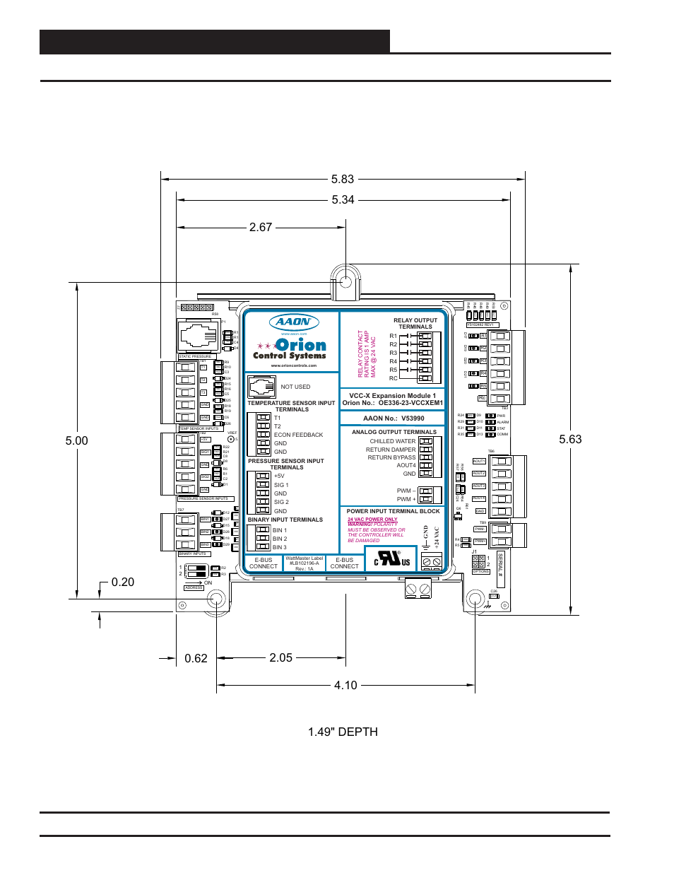 Vcc-x controller wiring, Vcc-x em1 dimensions, Vcc-x controller technical guide 16 | Zone, Figure 3: vcc-x em1 expansion module dimensions | Orion System VCC-X Controller User Manual | Page 16 / 120