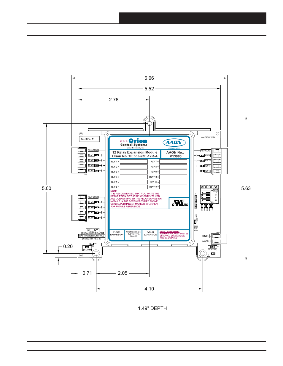 Vcc-x controller wiring, 12 relay e-bus module dimensions, Vcc-x controller technical guide | Figure 4: 12 relay e-bus module dimensions, Address, Relay | Orion System VCC-X Controller User Manual | Page 17 / 120