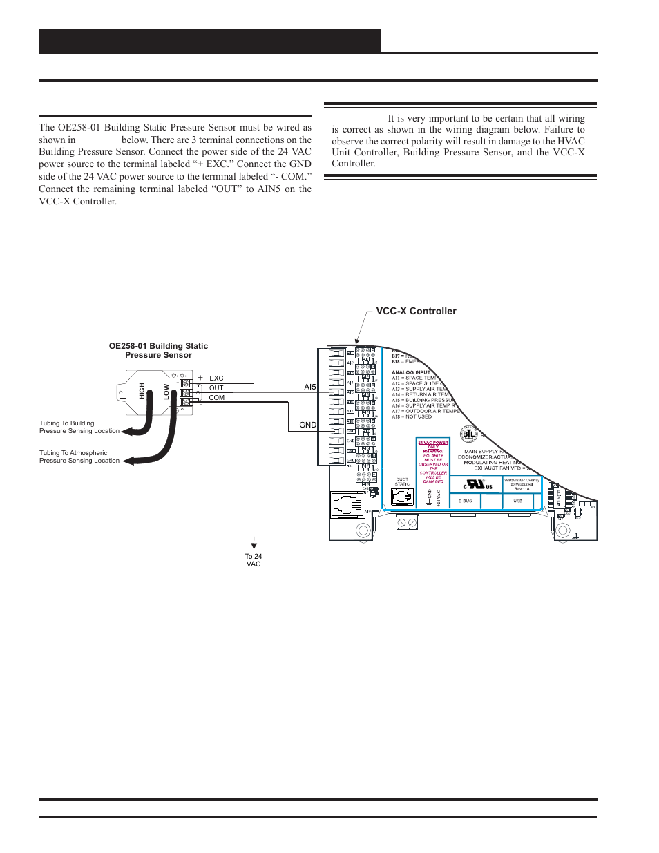 Vcc-x controller wiring, Building pressure sensor wiring, Vcc-x controller technical guide 28 | Building pressure sensor, Zone | Orion System VCC-X Controller User Manual | Page 28 / 120