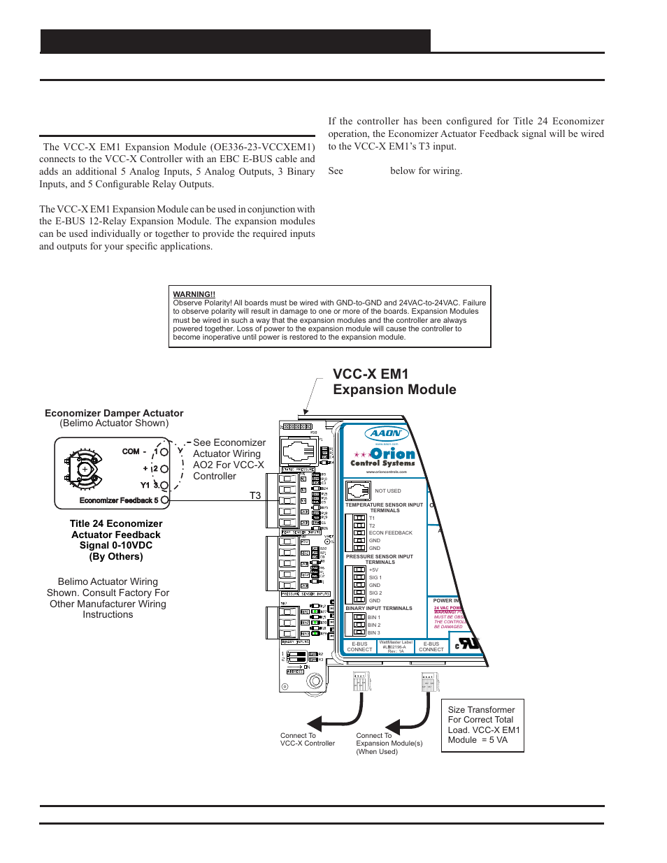 Vcc-x expansion module 1 wiring, Vcc-x em1 economizer actuator feedback wiring, Vcc-x em1 expansion module | Vcc-x controller technical guide 40, Vcc-x em1 economizer actuator feedback, Title 24 economizer feedback | Orion System VCC-X Controller User Manual | Page 40 / 120