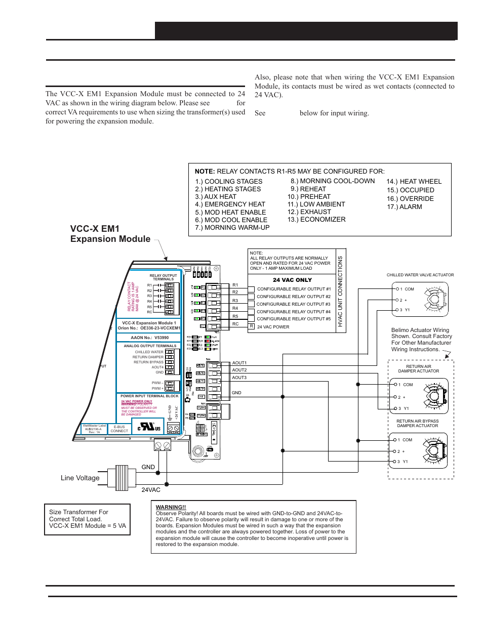 Vcc-x expansion module 1 wiring, Vcc-x em1 expansion module output wiring, Vcc-x controller technical guide | 41 vcc-x em1 expansion module outputs, Vcc-x em1 expansion module, Line voltage, Economizer 14.) | Orion System VCC-X Controller User Manual | Page 41 / 120