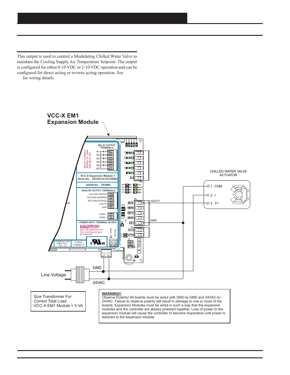 Vcc-x expansion module 1 wiring, Chilled water valve actuator wiring, Vcc-x em1 expansion module | Vcc-x controller technical guide 42, Modulating cooling output, Line voltage | Orion System VCC-X Controller User Manual | Page 42 / 120