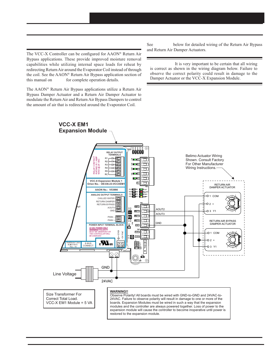 Vcc-x expansion module 1 wiring, Return air bypass wiring, Vcc-x controller technical guide | Return air bypass, Vcc-x em1 expansion module, Figure 28: return air bypass wiring, The vcc-x controller can be confi gured for aaon, Line voltage | Orion System VCC-X Controller User Manual | Page 43 / 120