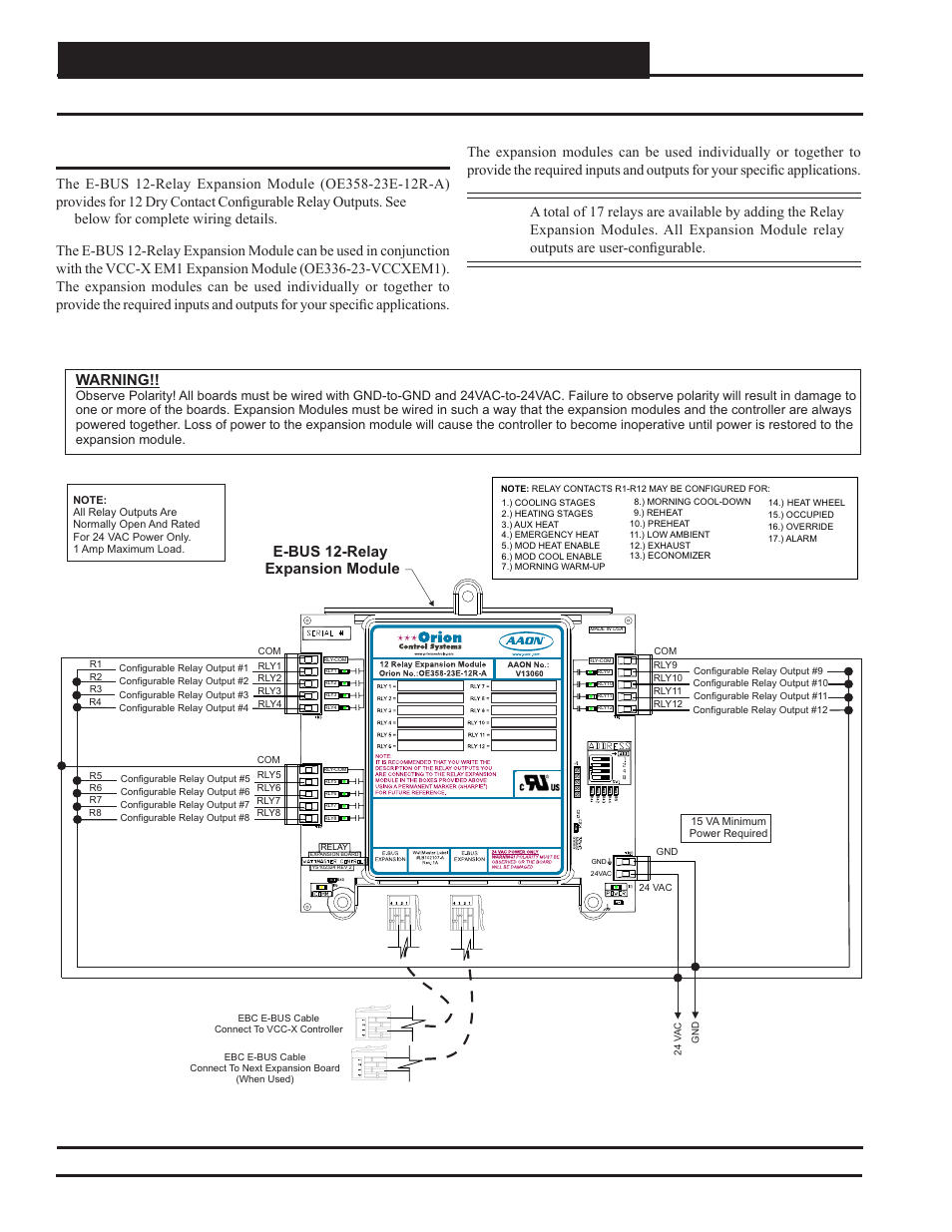 Relay e-bus expansion module wiring, Vcc-x controller technical guide 44, E-bus 12-relay expansion module | Warning | Orion System VCC-X Controller User Manual | Page 44 / 120