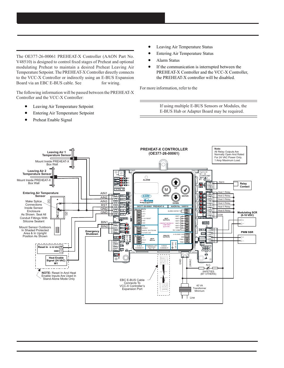 Preheat-x controller wiring, Vcc-x controller technical guide 48, Leaving air temperature setpoint | Entering air temperature setpoint, Preheat enable signal, Leaving air temperature status, Entering air temperature status, Alarm status | Orion System VCC-X Controller User Manual | Page 48 / 120