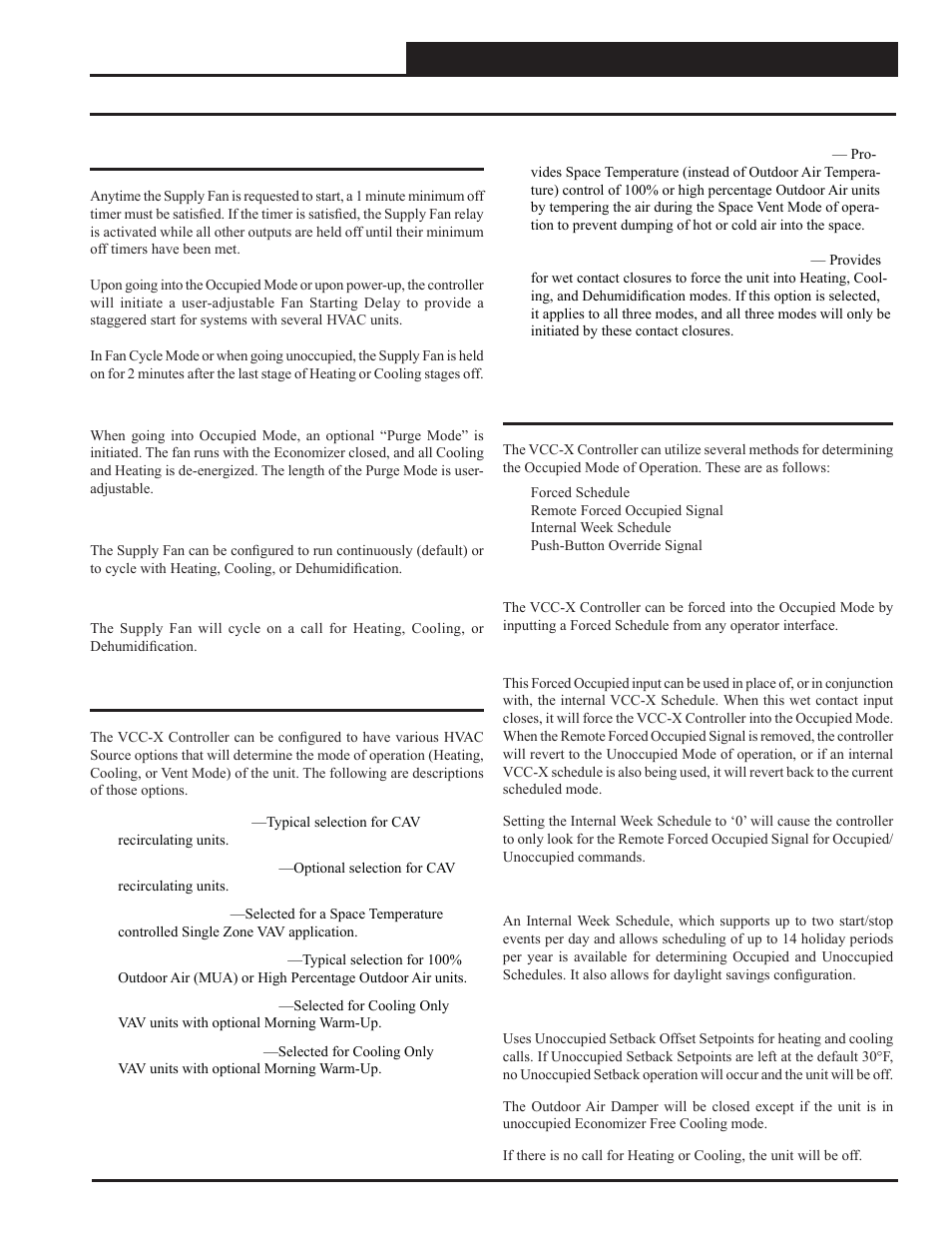 Sequence of operations, Supply fan & occupied/unoccupied operation | Orion System VCC-X Controller User Manual | Page 55 / 120