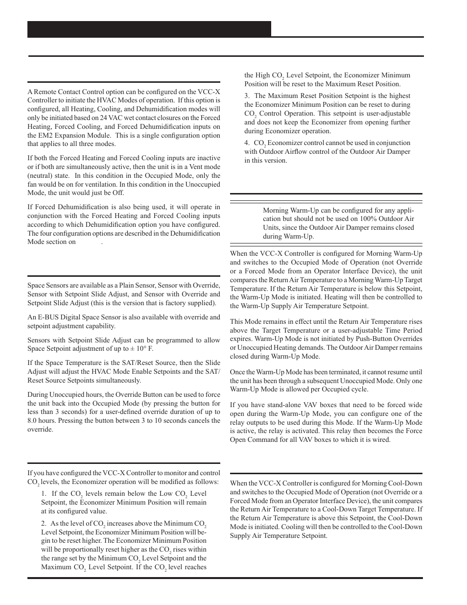 Sequence of operations, Vcc-x controller technical guide 60, Vcc-x remote contact control | Space sensor operation, Iaq (co, Control operation, Morning warm-up mode operation, Morning cool-down mode operation | Orion System VCC-X Controller User Manual | Page 60 / 120