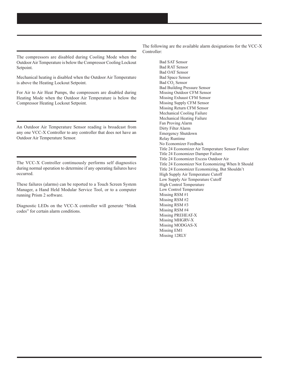 Sequence of operations, Outdoor air lockouts, system broadcasts & alarms, Vcc-x controller technical guide 66 | Outdoor air lockouts, System broadcasts, Alarm detection and reporting | Orion System VCC-X Controller User Manual | Page 66 / 120