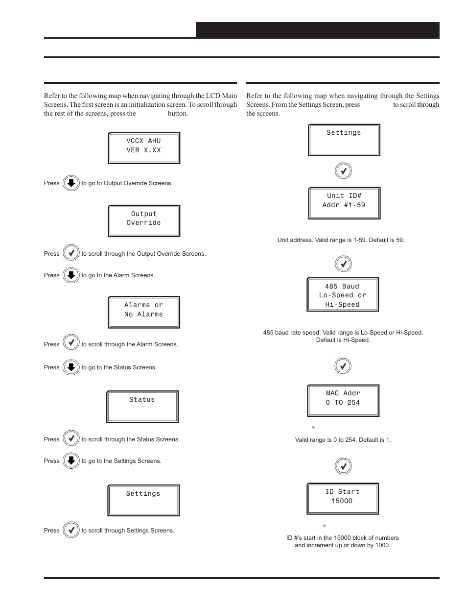 Appendix b - vcc-x lcd screens, Main screens map and settings screens, Vcc-x controller technical guide | Main screens map, Settings screens | Orion System VCC-X Controller User Manual | Page 83 / 120