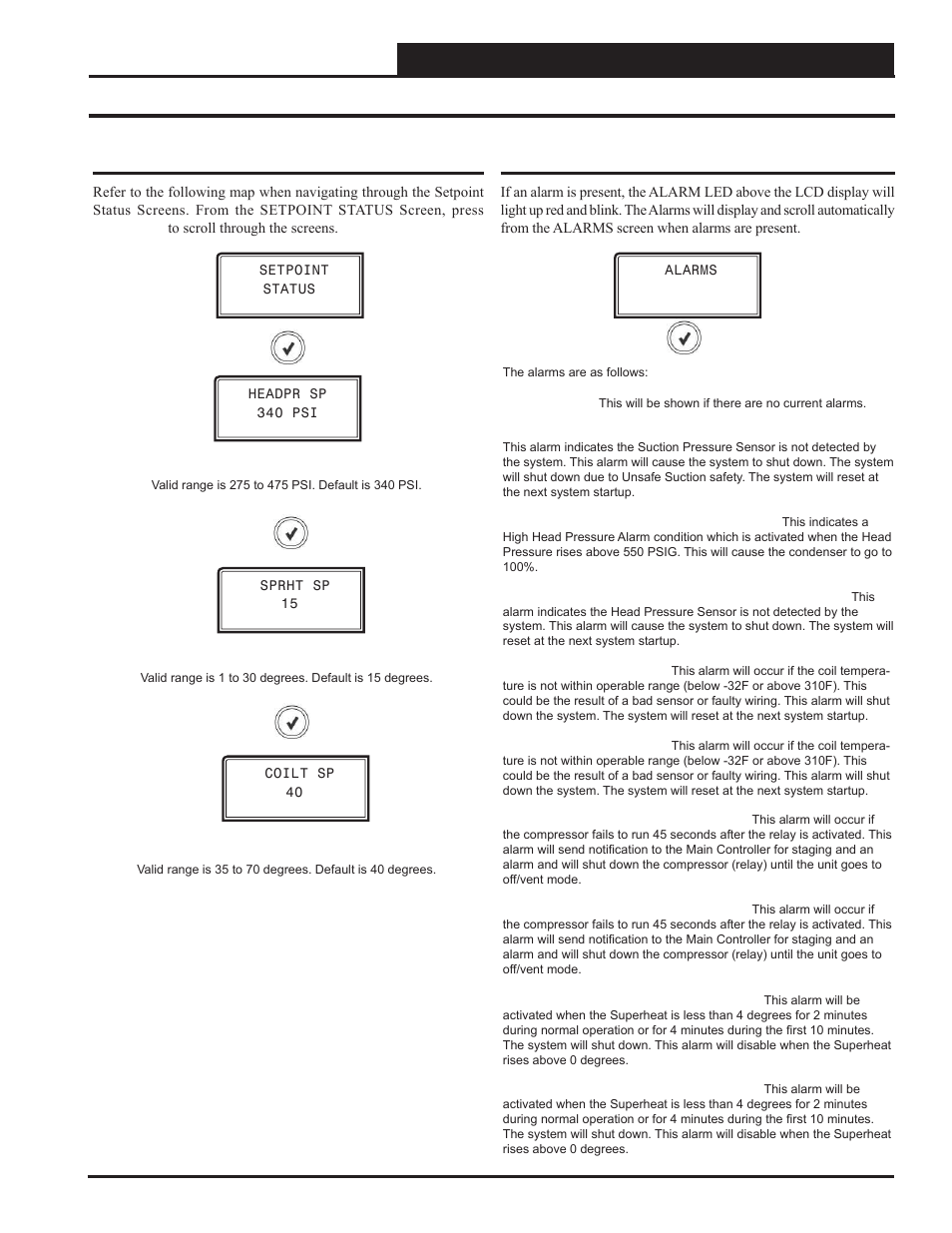 Appendix c - rsmv lcd screens, Vcc-x controller technical guide, Setpoint status screens | Alarms screens | Orion System VCC-X Controller User Manual | Page 91 / 120