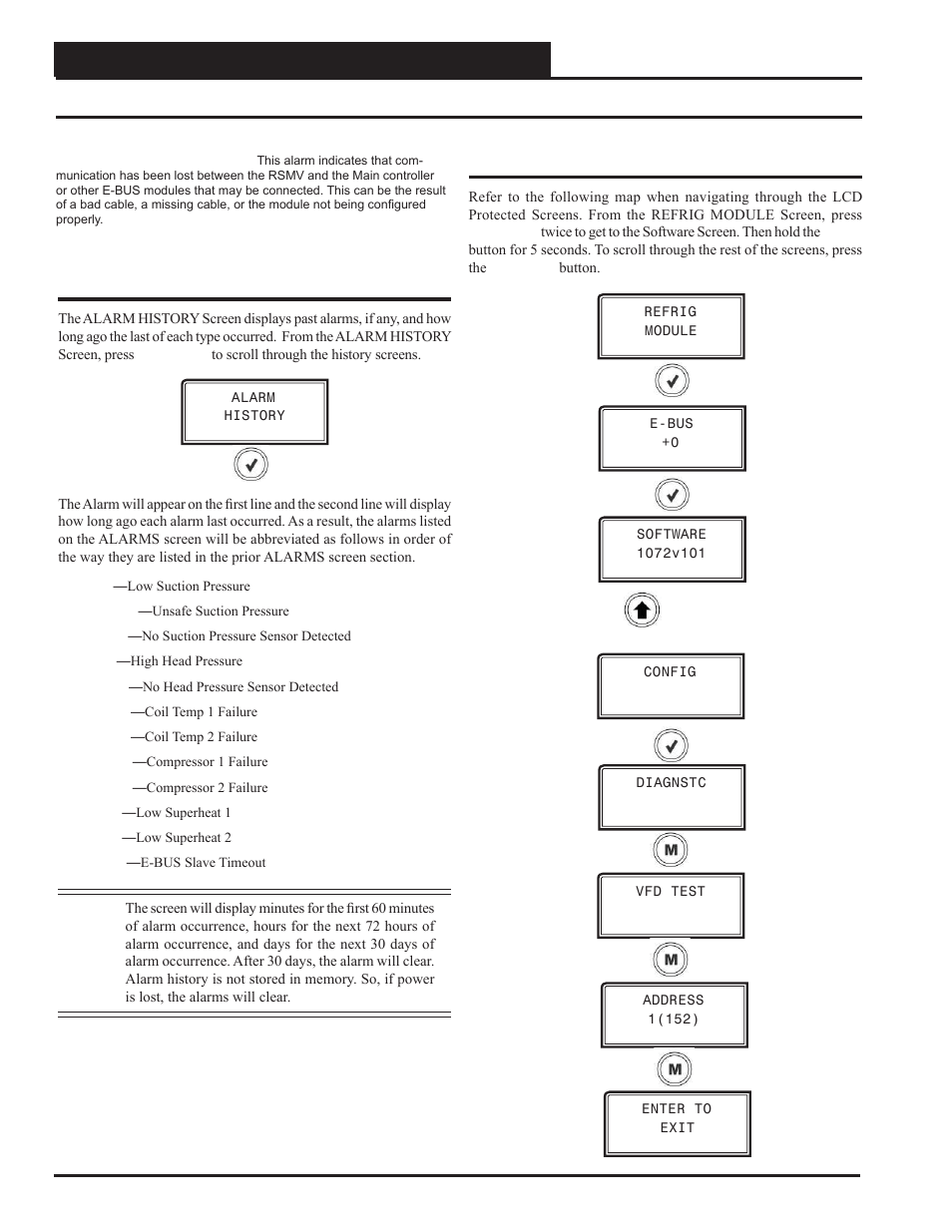 Appendix c - rsmv lcd screens, Alarm history & protected screens, Vcc-x controller technical guide 92 | Protected screens map, Alarm history screens | Orion System VCC-X Controller User Manual | Page 92 / 120