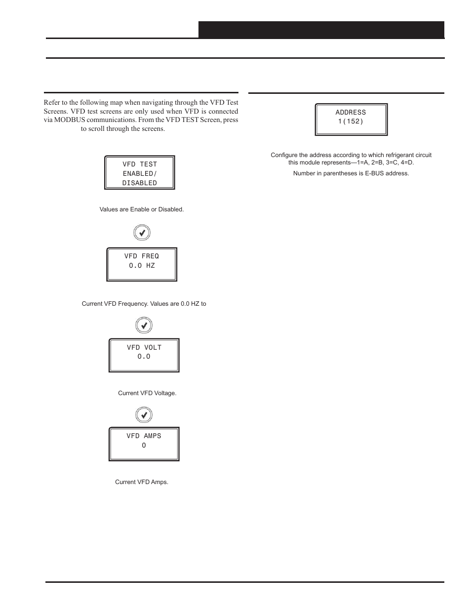 Appendix d - vcc-x bacnet, Vfd test screens & address screen, Vcc-x controller technical guide | 95 vfd test screens, Address screen | Orion System VCC-X Controller User Manual | Page 95 / 120
