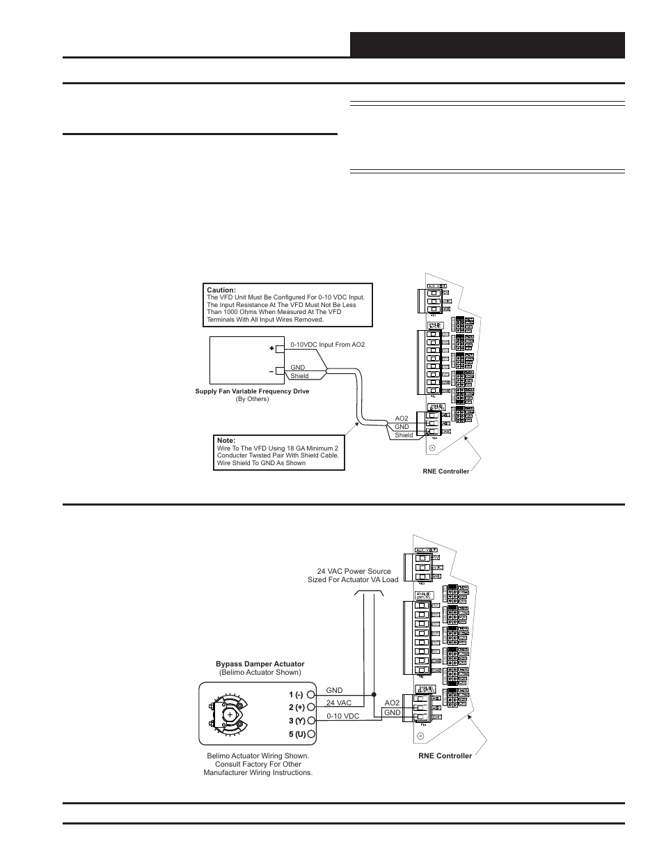 Installation and wiring, Rne modular controller field technical guide, Figure 16: zoning bypass damper actuator wiring | Figure 15: supply fan vfd wiring | Orion System RNE Modular Controller User Manual | Page 25 / 88