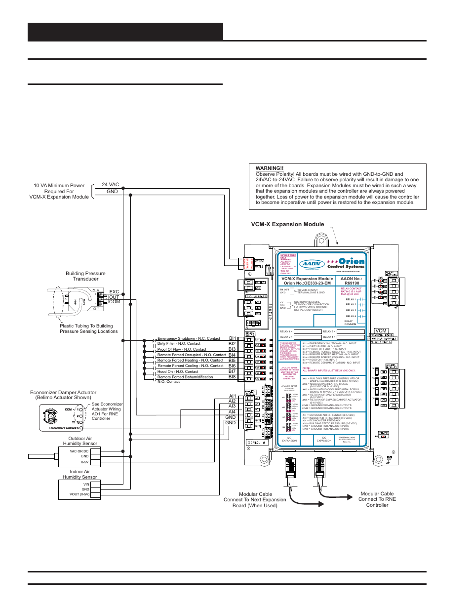 Installation and wiring, Rne modular controller field technical guide 26, Vcm-x expansion module for rne | Zone, Vcm-x expansion module, 24 vac gnd building pressure transducer, Economizer damper actuator (belimo actuator shown), Com out exc, Ai1 ai3 ai4 gnd gnd bi8 | Orion System RNE Modular Controller User Manual | Page 26 / 88