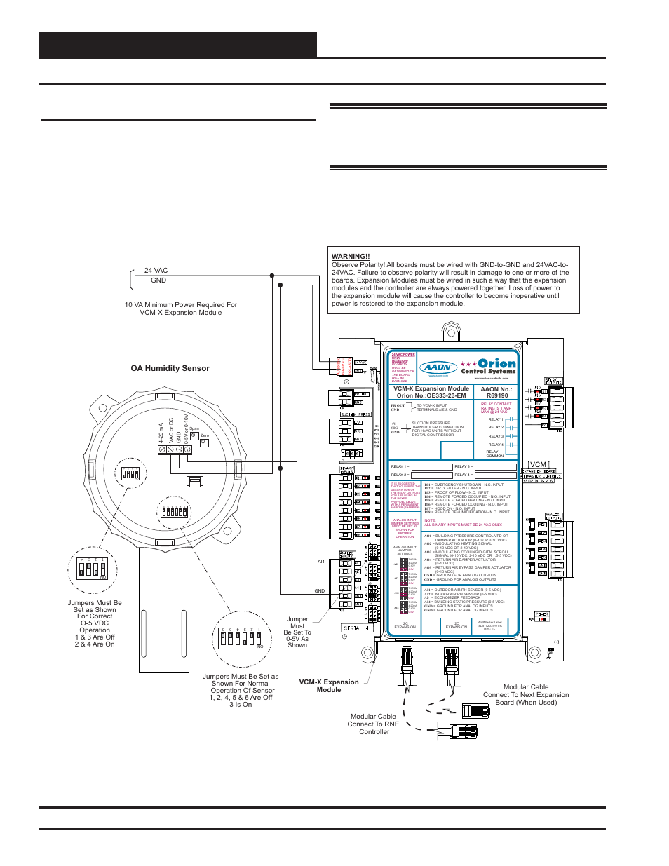 Installation and wiring, Outdoor air humidity sensor wiring, Zone | Oa humidity sensor | Orion System RNE Modular Controller User Manual | Page 30 / 88