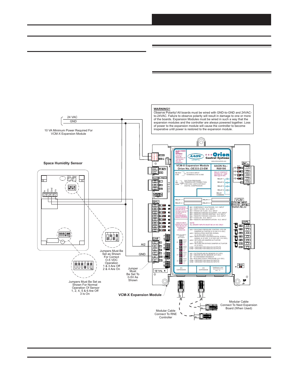 Installation and wiring, Indoor wall-mounted humidity sensor wiring, Rne modular controller field technical guide | 31 indoor wall- mounted humidity sensor, Figure 22, Space humidity sensor vcm-x expansion module | Orion System RNE Modular Controller User Manual | Page 31 / 88