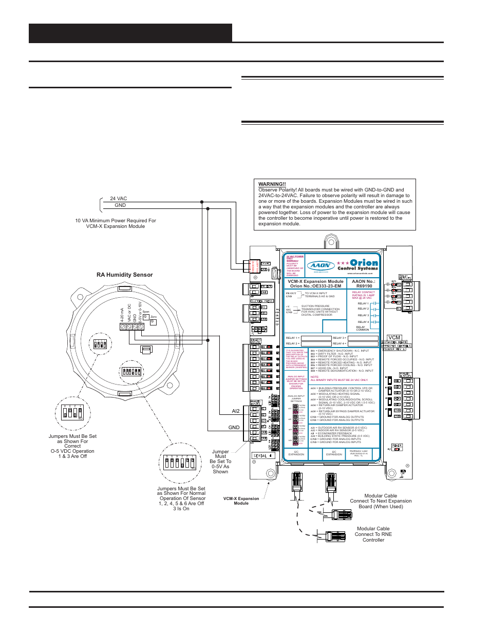 Installation and wiring, Return air mounted humidity sensor, Zone | Ra humidity sensor, Jumper must be set to 0-5v as shown | Orion System RNE Modular Controller User Manual | Page 32 / 88