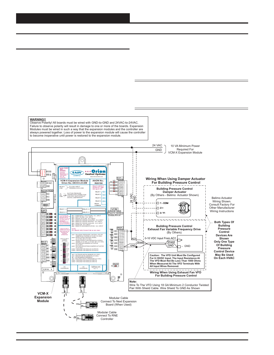 Installation and wiring, Building pressure control output wiring, Zone | Figure 26: building pressure control output wiring, Vcm-x expansion module | Orion System RNE Modular Controller User Manual | Page 34 / 88