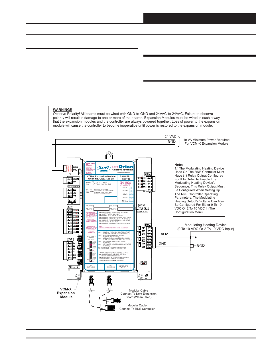 Installation and wiring, Modulating heating device wiring, Rne modular controller field technical guide | 35 modulating heating device, Figure 27: modulating heating device wiring, Ao2 gnd, 24 vac gnd, Vcm-x expansion module | Orion System RNE Modular Controller User Manual | Page 35 / 88