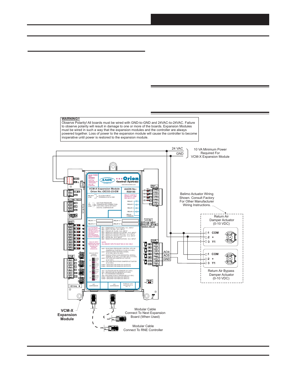 Installation and wiring, Return air bypass wiring, Rne modular controller field technical guide | 37 return air bypass, Figure 29: return air bypass wiring, The rne controller can be confi gured for aaon, Pac or dpac con- trol schemes. both aaon, Vcm-x expansion module | Orion System RNE Modular Controller User Manual | Page 37 / 88