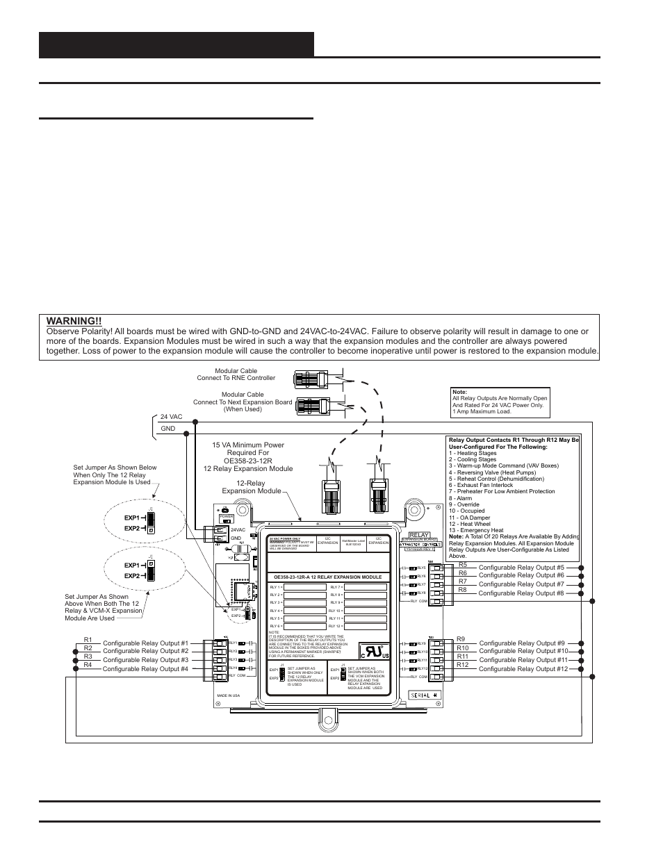 Installation and wiring, Relay expansion module wiring and jumper settings, Rne modular controller field technical guide 38 | Relay expansion module, Zone, Warning | Orion System RNE Modular Controller User Manual | Page 38 / 88