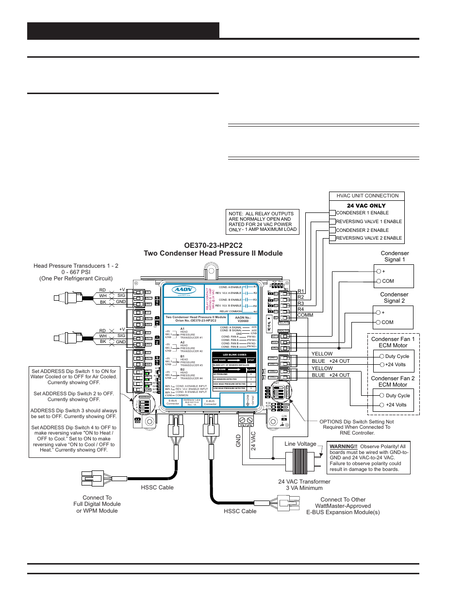 Installation and wiring, Rne modular controller field technical guide 42, Two condenser head pressure ii module | Zone, Hssc cable, Condenser signal 2, Condenser signal 1, Condenser fan 1 ecm motor, Condenser fan 2 ecm motor | Orion System RNE Modular Controller User Manual | Page 42 / 88